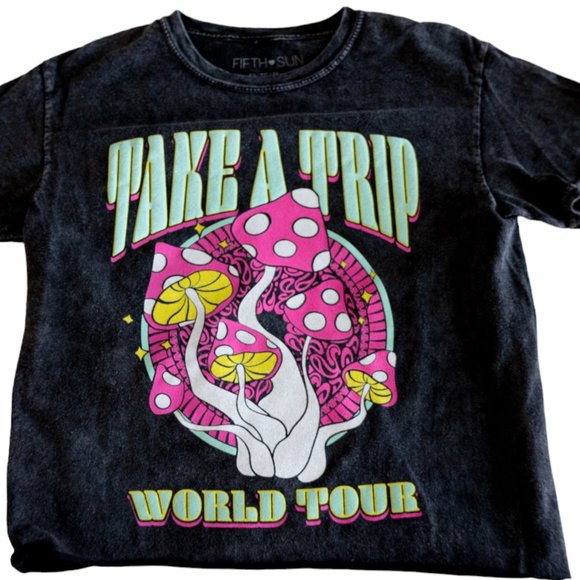 Fifth Sun Take A Trip World Tour 1990 Black T-Shirt Neon Mushroom Design /Cities - Picture 5 of 11